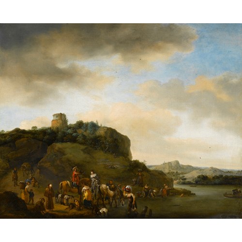 Landscape with a Hawking Party Stopped by a River